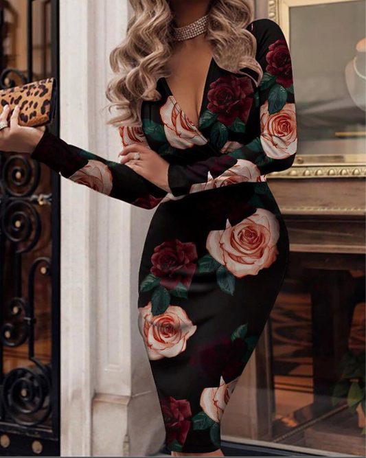 Rose print black dress