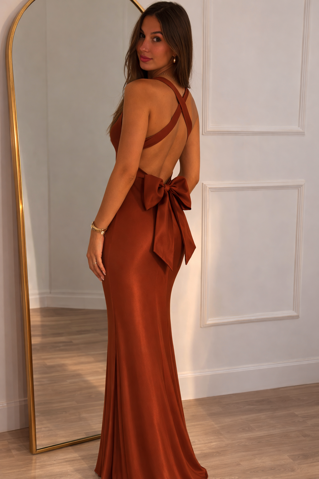 Back bow brown dress