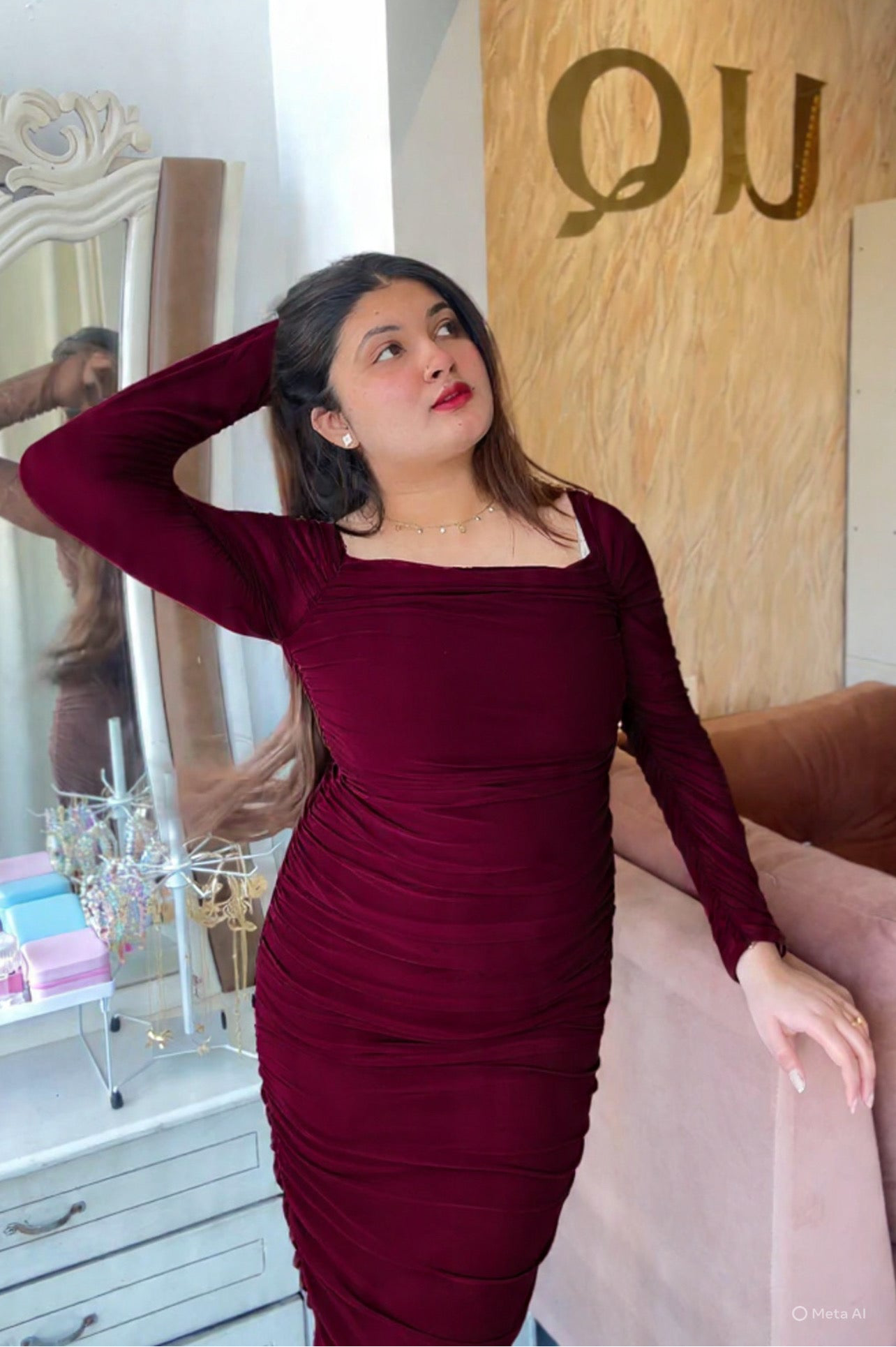 Maroon mesh dress